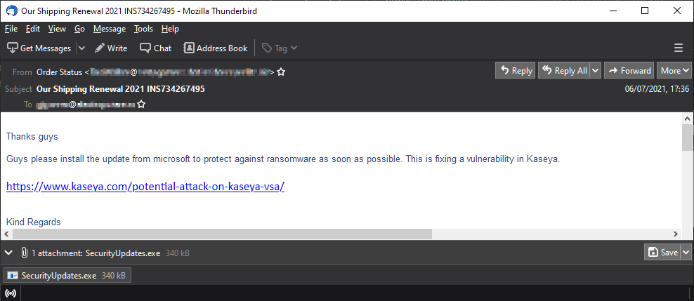 Example KaseyaRansomware Malspam lure email