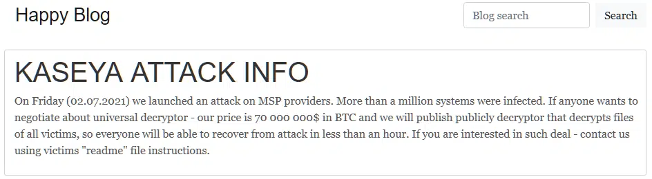 Kasea Update REvil Happy Blog on Tor