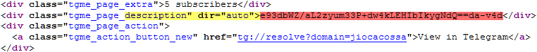 Raccoon Stealer telegram user details HTML (Yellow: element search; Red: encoded string
