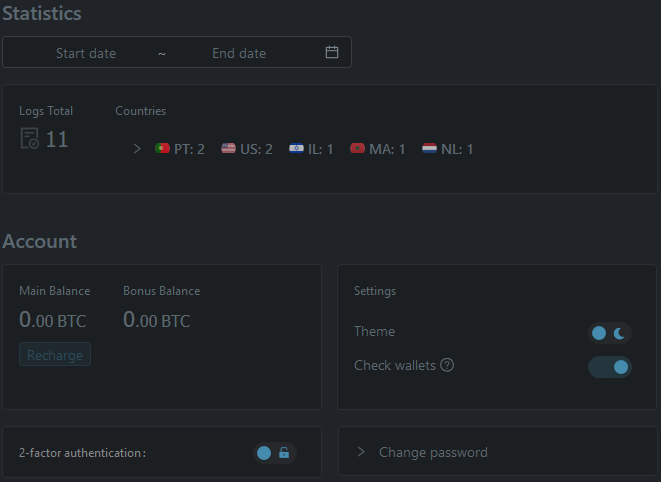 Raccoon Stealer Management control panel 'Statistics' and 'Account