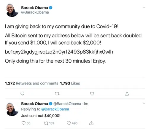 Twitter- Figure 1 - Cryptocurrency Giveaway Scam via a compromised account