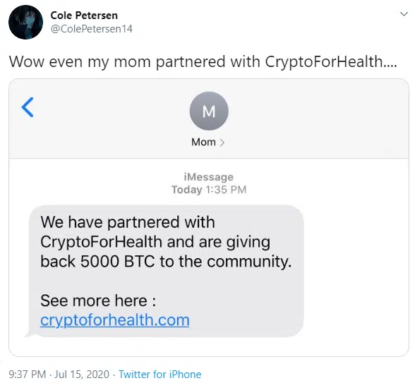 Twitter-Blog- Potential scam message (Via Twitter @ColePetersen14)