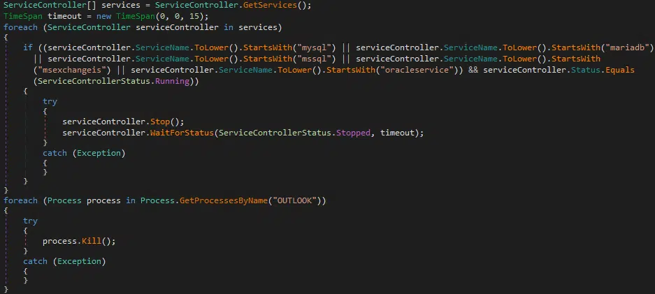 Figure 8 - stopping database services and outlook processes