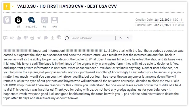 ValidCC_“SPR” publication on a fraud forum as detected on Argos™