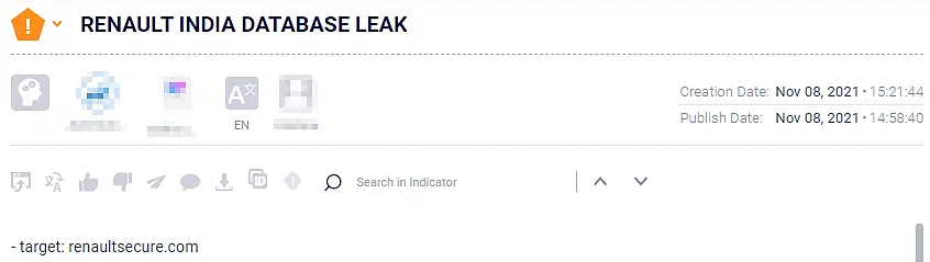 DB of Renault’s warranty and roadside assistance in India being distributed on a hacking forum, from Argos Edge™