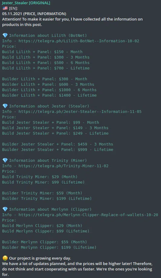 Jester Stealer’s Official Telegram Channel