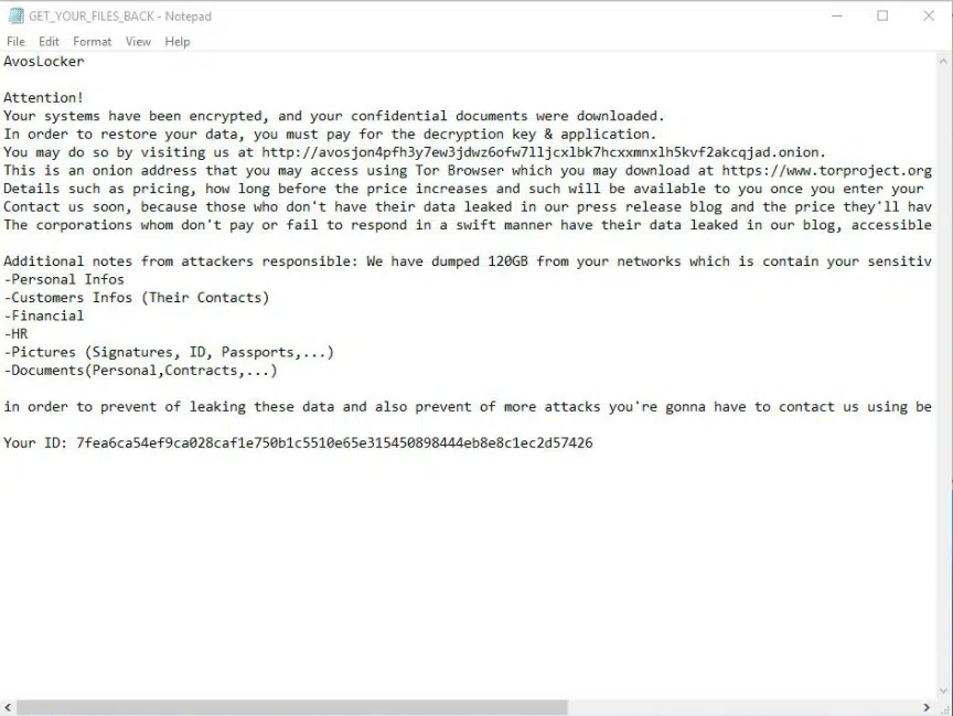 AvosLocker ransom note