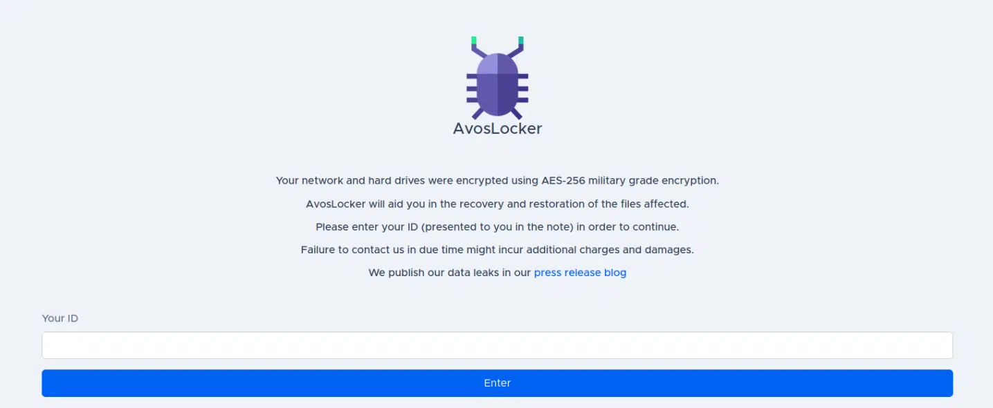 AvosLocker form with a short description and the ID required to continue the process