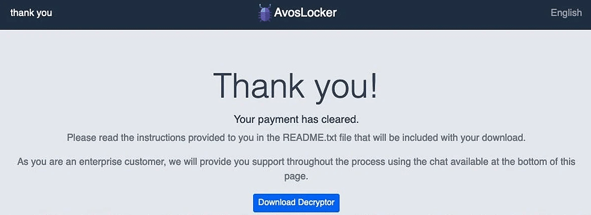 A ‘Thank you’ message from the AvosLocker team, with the link for the decryption tool