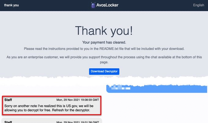 AvosLocker apologizing for a successful attack against US government