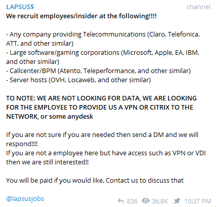 LAPSUS recruitment announcement on Telegram