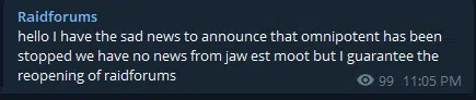 RaidForums Telegram group announcing that Omnipotent had been captured