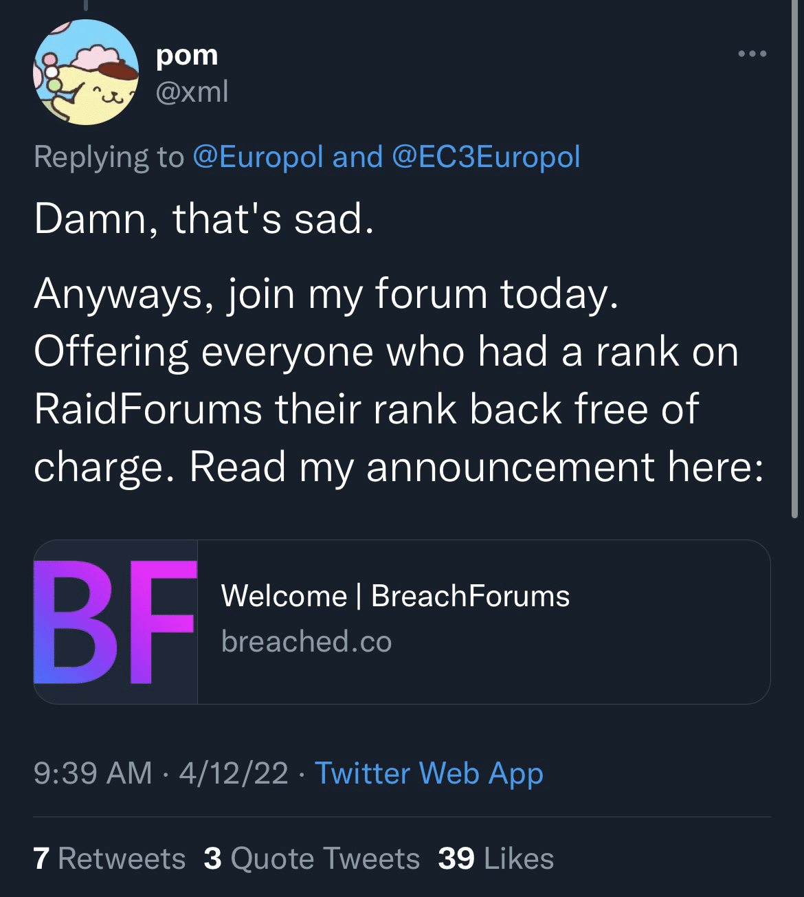 Pompompurin tweets about the seizure of RaidForums and posts an announcement about s the new BreachForums