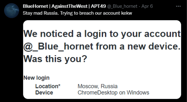 BlueHornet announcement about Russian actors trying to breach their Twitter account
