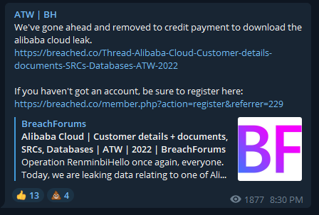 BlueHornet publishing Alibaba Cloud leaks on Telegram