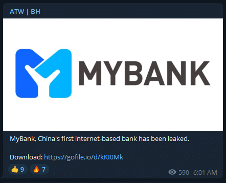 MyBank leak on BlueHornet’s Telegram channel