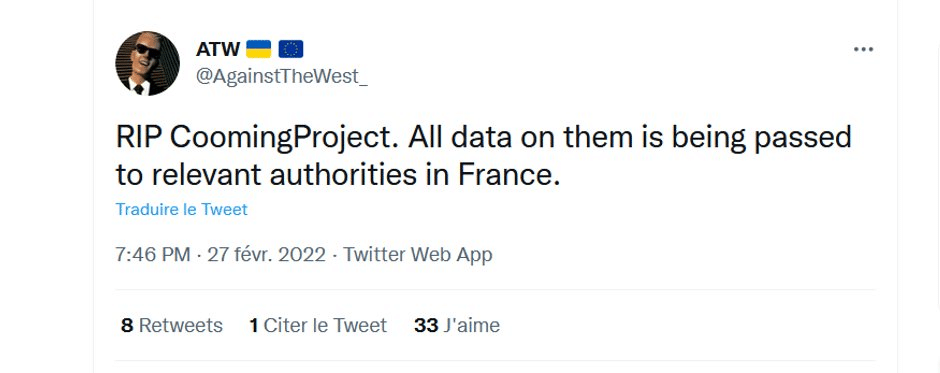 BlueHornet, aka AgainstTheWest, announcing leaking CoominProject data to the authorities