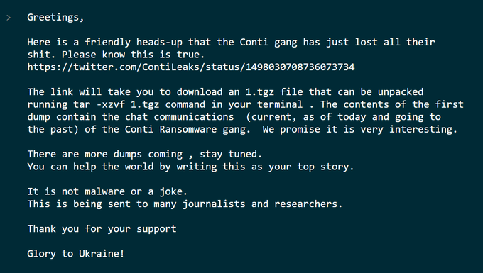 Conti Leaks’ first announcement