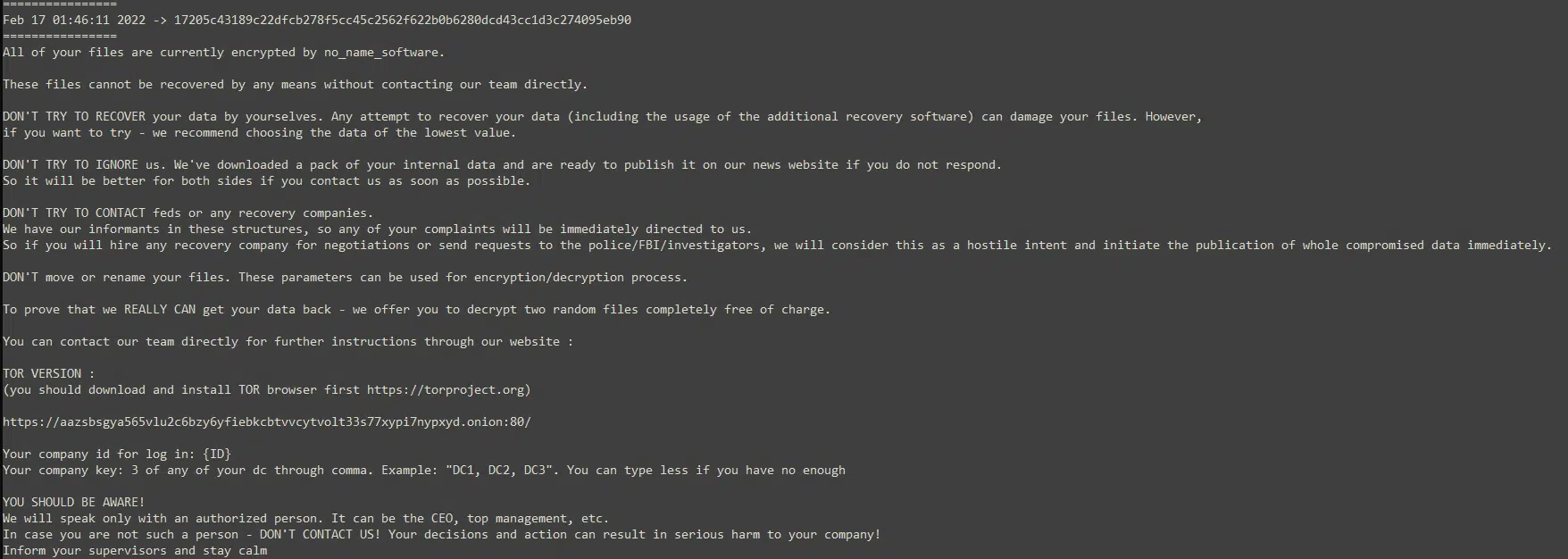 Ransom note found on February with the same Onion site Black Basta use today