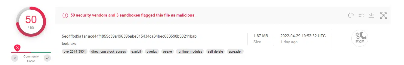 Figure 5: tools.exe as detected in VirusTotal