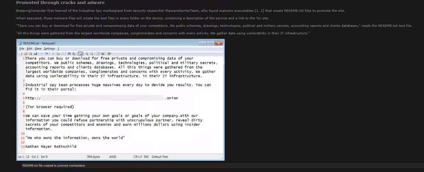 The Readme file screenshot as presented within a post in an underground forum