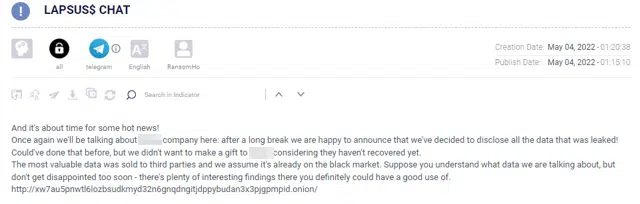 RansomHouse announcement of a new victim in Lapsus$ Telegram channel found in Argos Edge™