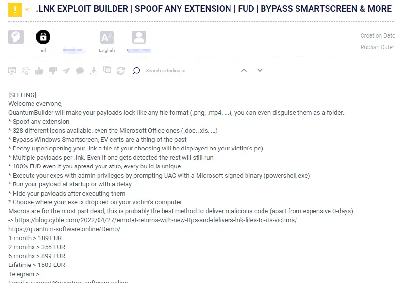 LNK exploit sale post on Darknet forum