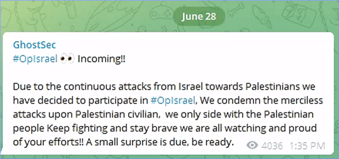Figure 6: The group’s official announcement about joining the OpIsrael Campaign
