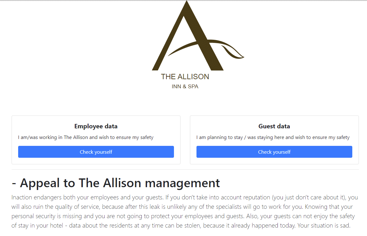 Leak site controlled by the AlphV group, allowing employees and guests to validate their data from the breach