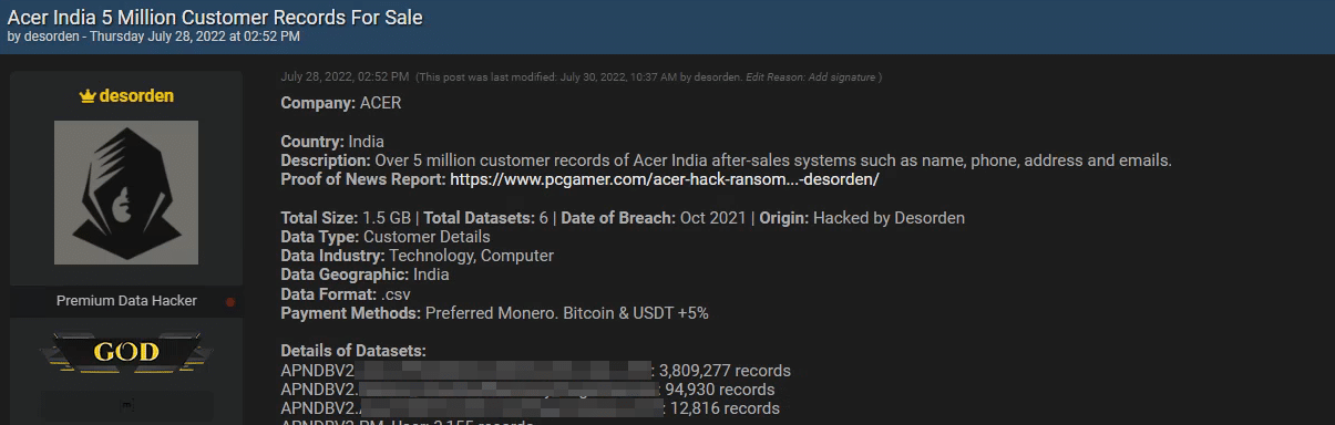 Desorden post selling Acer’s data in major Cybercriminals group