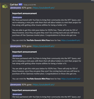 Carl-bot Phishing scam as appeared on the OpenSea channel