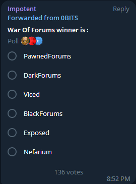 Figure 5: Impotent’s poll about which forum to expose next on their Telegram channel
