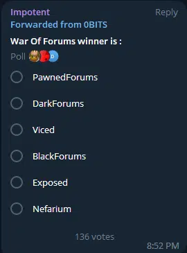 Figure 5: Impotent’s poll about which forum to expose next on their Telegram channel