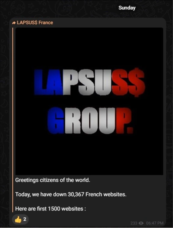 LAPSUS$ Compromising Alleged 30,367 French Websites 