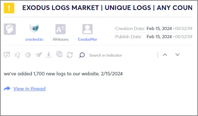 Figure 2: Exodus advertisement in a dark web forum, as obtained by Argos platform.