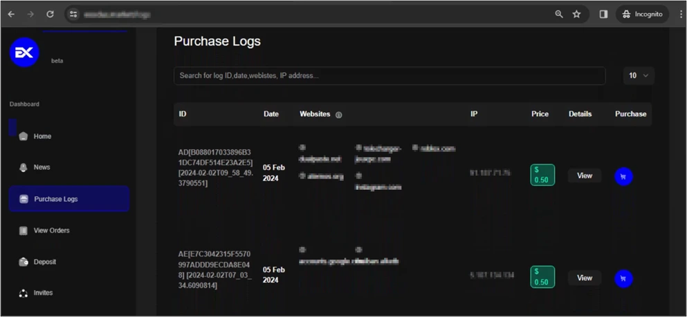 Figure 4: “Purchase Logs” section