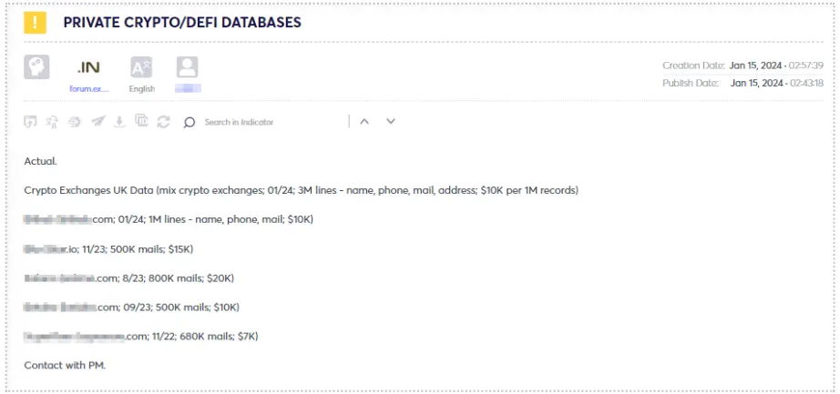 Figure 25 – multiple private crypto databases offered for sale, price ranges 10$k – 20$k