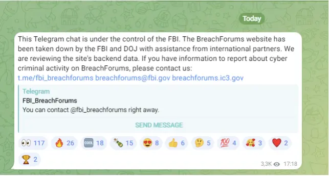 Figure 3 - FBI announcing the forum shut down on the official breach forums telegram channel 