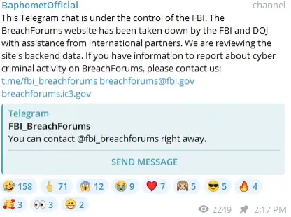Figure 4 – FBI messaging from Baphomet official telegram channel   