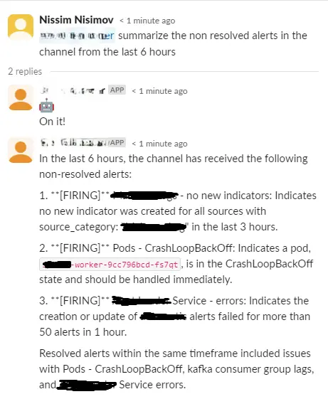 Figure 5: Screenshot showcasing this feature in action. It illustrates how the bot presents unresolved alerts, offering a clear and immediate overview of the situation