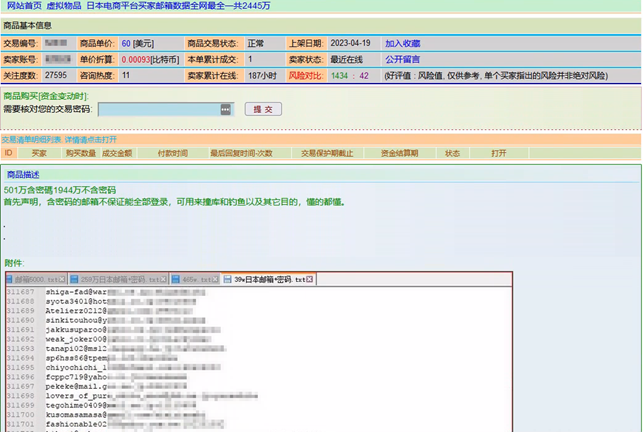 Figure 4: 24.45 million email addresses from a Japanese e-commerce platform offered for sale on the Chinese-speaking dark forum “Deepmix” (in Chinese: 暗网中文论坛).