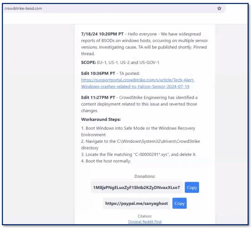 Figure 1: Workaround Fix Shared with Donation Link at crowdstrike-bsod[.]com & fix-crowrdstrike-bsod[.]com

