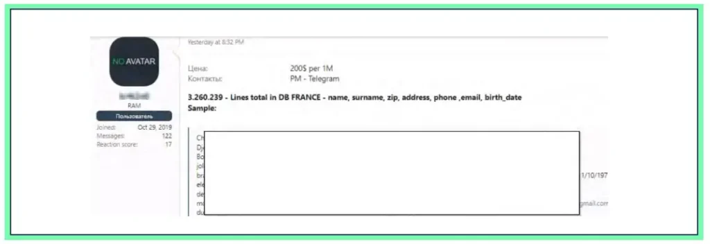 Figure 4: A database containing information on French citizens offered on a Russian cybercrime forum