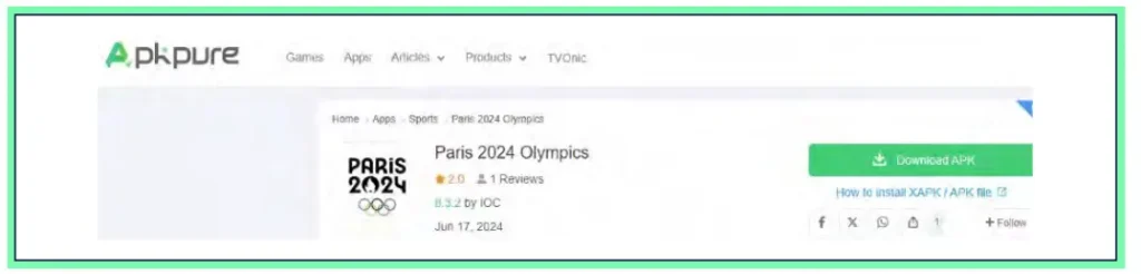 Figure 7: Suspicious Olympics 2024 app advertised on an unofficial app store