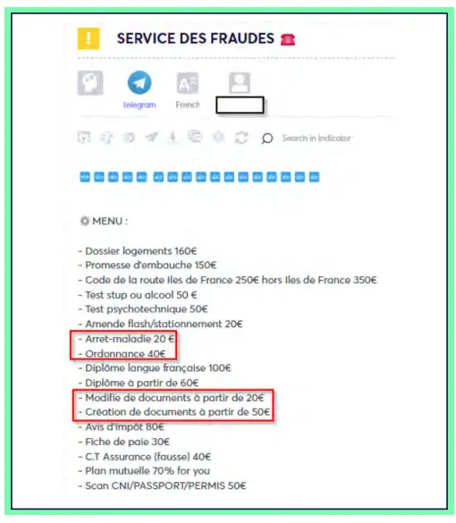 Figure 8:
French threat actors offer multiple counterfeit documents on Telegram