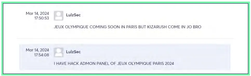 Figure 13: LulzSec member claims to be actively targeting the Paris 2024 Summer Olympics 